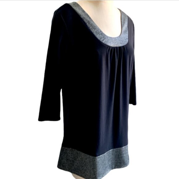 Marc Bower Scoop Neck Pinch Pleat Tunic Top Black Silver Metallic Trim Sz M #54B - Picture 2 of 7